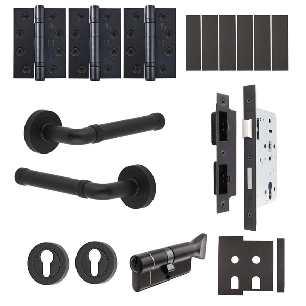 Santana Matt Black Lever on Rose Door Handle Kit - Heavy Duty FD30/60 - DIN Euro Sashlock and Thumbturn Cylinder - Master Keyed - tradefit - Featured Image
