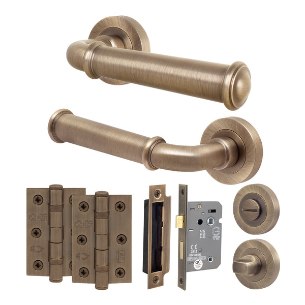 Claro Antique Brass Lever on Rose Door Handle Kit - 64mm Bathroom Lock - tradefit - Featured Image