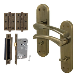 Nola Antique Brass Lever on Backplate Door Handle Pack – 64mm Bathroom Lock - tradefit