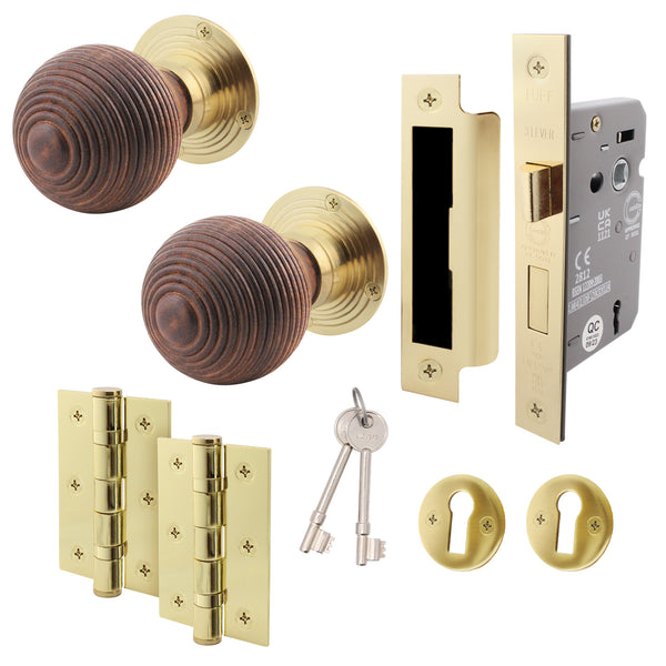 Beehive Rosewood/Brass Mortice/Rim Door Knob Kit - 80mm Sashlock - tradefit - Featured Image