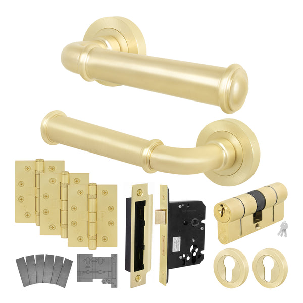 Claro Satin Brass Lever on Rose Door Handle Kit - Medium Duty FD30/60 - 80mm Euro Sashlock and Double Cylinder - Keyed to Differ - tradefit - Featured Image