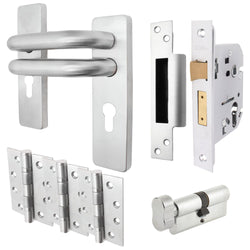 Round Bar 19mm Safety Return To Door Lever Euro Thumbturn Lock 48.5mm c/c Pack - 175x44mm - 76mm Lock x 102mm Hinges - Satin Stainless - tradefit