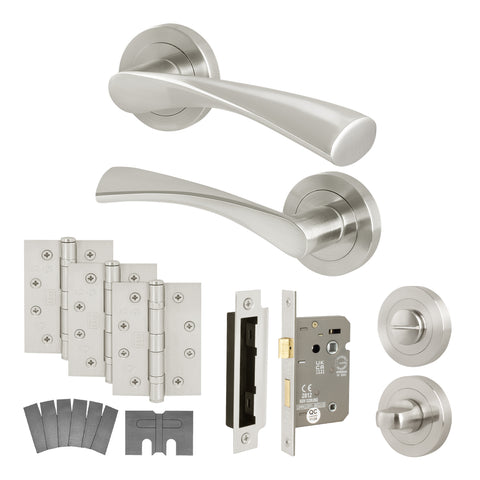 Nola Satin Nickel Door Handle Bathroom Kit - Fire Rated FD30/60 - Lever on Rose with 80mm Bathroom Lock - tradefit