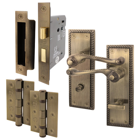 Georgian Rope Edge Scroll Antique Brass Door Handle Pack - 80mm Sashlock - tradefit