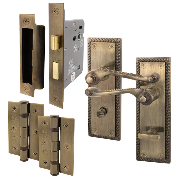 Georgian Rope Edge Scroll Antique Brass Door Handle Pack - 80mm Sashlock - tradefit - Featured Image