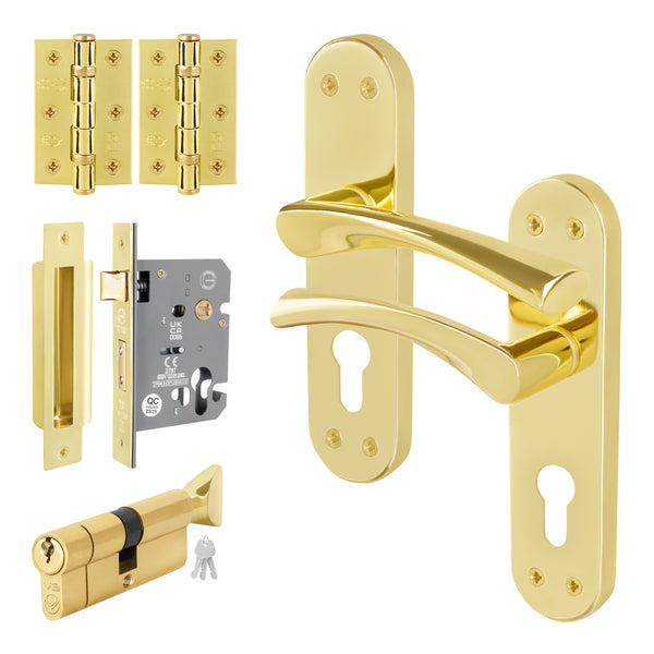 Nola Brass Plated Lever on Backplate Door Handle Kit - 80mm Euro Sashlock and Cylinder & Turn - Keyed Alike - tradefit - Featured Image