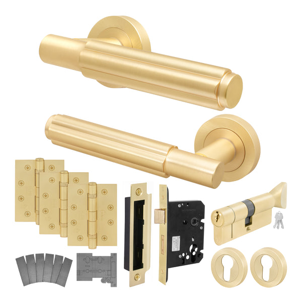 Flores Satin Brass Lever on Rose Door Handle Kit - Medium Duty FD30/60 - 80mm Euro Sashlock and Thumbturn Cylinder - Master Keyed - tradefit - Featured Image