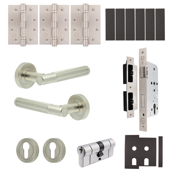 Aurora Satin Nickel Lever on Rose Door Handle Kit - Heavy Duty FD30/60 - DIN Euro Sashlock and Double Cylinder - Master Keyed - tradefit - Featured Image