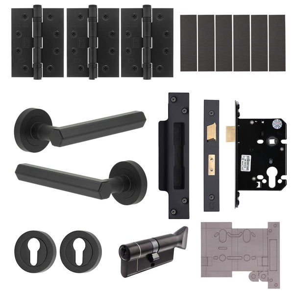 Moreno Matt Black Lever on Rose Door Handle Kit - Medium Duty FD30/60 - 80mm Euro Sashlock and Thumbturn Cylinder - Master Keyed - tradefit - Featured Image