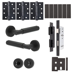 Flores Matt Black Lever on Rose Door Handle Kit - Heavy Duty FD30/60 - DIN Euro Sashlock and Double Cylinder - Keyed to Differ - tradefit