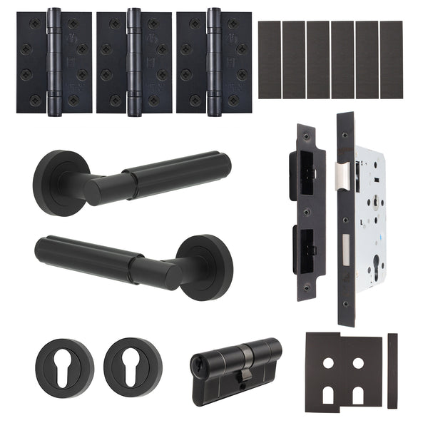 Flores Matt Black Lever on Rose Door Handle Kit - Heavy Duty FD30/60 - DIN Euro Sashlock and Double Cylinder - Keyed to Differ - tradefit - Featured Image