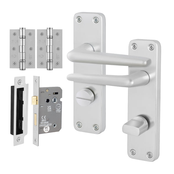 Satin Aluminium Contract Lever Bathroom Handle Kit - 64mm Latch - tradefit - Featured Image