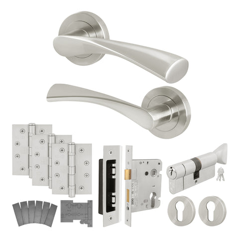 Nola Satin Nickel Door Handle Euro Lock Kit - Fire Rated FD30/60 - 78mm Euro Lock and Turn Cylinder - Keyed to Differ - tradefit