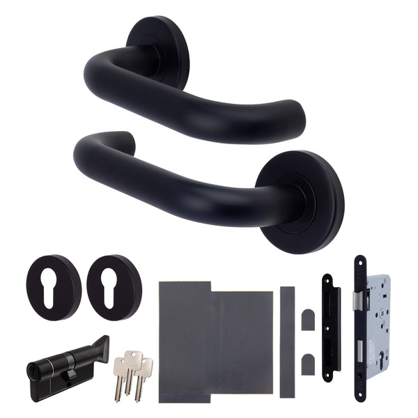 Emergency Escape Lock Kit Door HMO Radius DIN Lock - Cylinder & Turn - Matt Black - 60mm Backset/ 90mm Case - tradefit - Featured Image