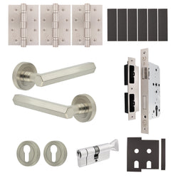 Moreno Satin Nickel Lever on Rose Door Handle Kit - Heavy Duty FD30/60 - DIN Euro Sashlock and Thumbturn Cylinder - Keyed to Differ - tradefit