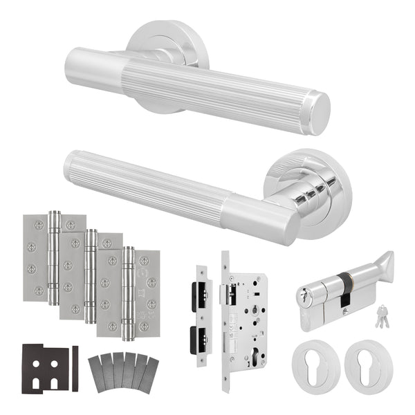 Aurora Polished Chrome Lever on Rose Door Handle Kit - Heavy Duty FD30/60 - DIN Euro Sashlock and Thumbturn Cylinder - Keyed Alike - tradefit - Featured Image