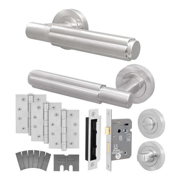 Flores Satin Nickel Lever on Rose Door Handle Kit - Medium Duty FD30/60 - 80mm Bathroom Lock - tradefit - Featured Image
