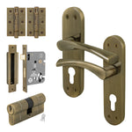 Nola Antique Brass Lever on Backplate Door Handle Kit - 80mm Euro Sashlock and Double Cylinder - Keyed Alike - tradefit - 1