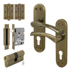 Nola Antique Brass Lever on Backplate Door Handle Kit - 80mm Euro Sashlock and Double Cylinder - Master Keyed - tradefit
