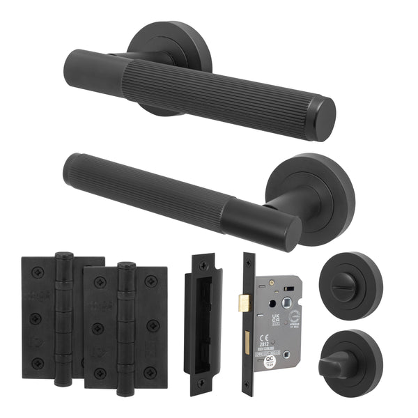 Aurora Matt Black Lever on Rose Door Handle Kit - 64mm Bathroom Lock - Featured Image