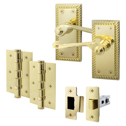 Georgian Rope Edge Scroll Polished Brass Door Handle Pack - 76mm Latch - tradefit