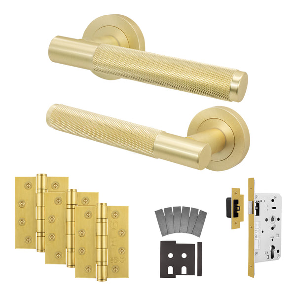 Dumont Satin Brass Lever on Rose Door Handle Kit - Heavy Duty FD30/60 - DIN Latch - tradefit - Featured Image
