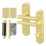 Olbia Satin Brass Lever on Backplate Door Handle Pack – 64mm Bathroom Lock - tradefit - 1