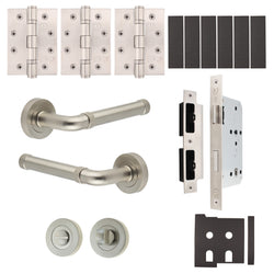 Santana Satin Nickel Lever on Rose Door Handle Kit - Heavy Duty FD30/60 - DIN Bathroom Lock - tradefit
