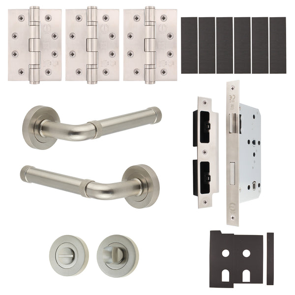Santana Satin Nickel Lever on Rose Door Handle Kit - Heavy Duty FD30/60 - DIN Bathroom Lock - tradefit - Featured Image