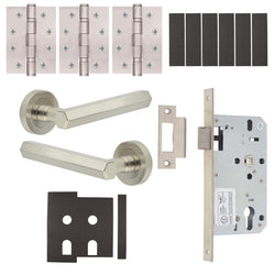 Moreno Satin Nickel Lever on Rose Door Handle Kit - Heavy Duty FD30/60 - DIN Latch - tradefit