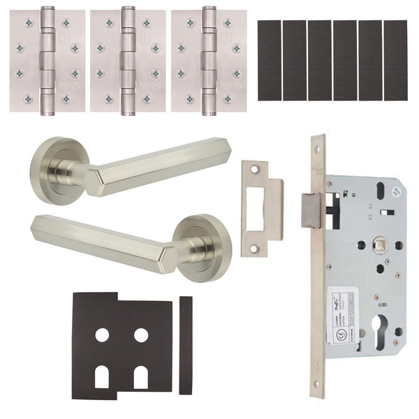 Moreno Satin Nickel Lever on Rose Door Handle Kit - Heavy Duty FD30/60 - DIN Latch - tradefit - Featured Image