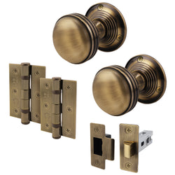 Victorian Ringed Antique Brass Mortice Door Knob Kit - 76mm Latch - tradefit