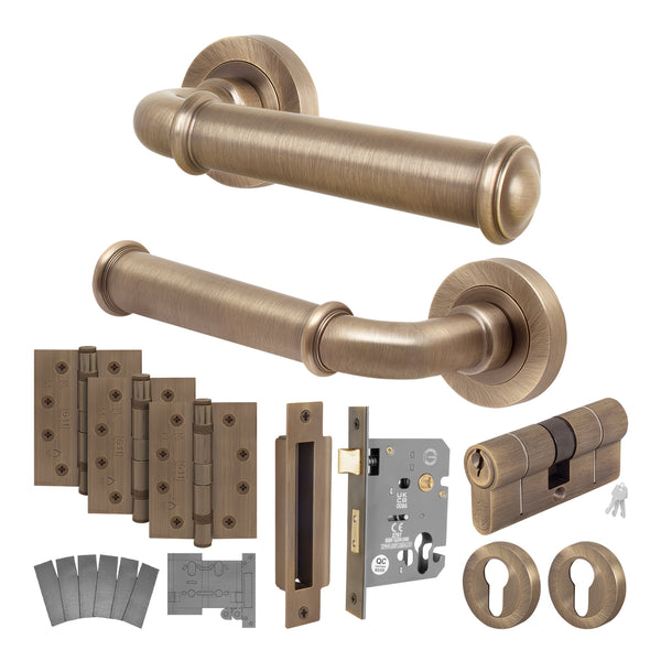 Claro Antique Brass Lever on Rose Door Handle Kit - Medium Duty FD30/60 - 80mm Euro Sashlock and Double Cylinder - Keyed Alike - tradefit - Featured Image