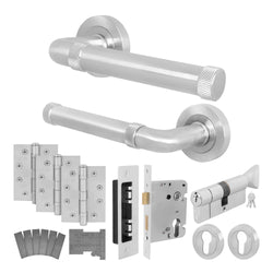 Santana Satin Nickel Lever on Rose Door Handle Kit - Medium Duty FD30/60 - 80mm Euro Sashlock and Thumbturn Cylinder - Keyed to Differ - tradefit