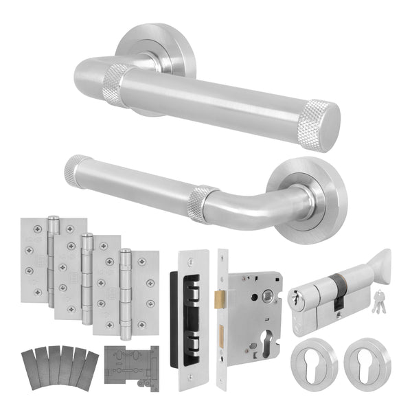Santana Satin Nickel Lever on Rose Door Handle Kit - Medium Duty FD30/60 - 80mm Euro Sashlock and Thumbturn Cylinder - Keyed to Differ - tradefit - Featured Image