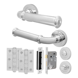 Claro Polished Chrome Lever on Rose Door Handle Kit - 64mm Bathroom Lock - tradefit