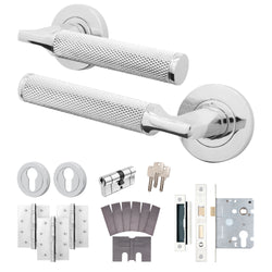 Mode - Grip Polished Chrome Lever on Rose Fire Door Handle Pack - Euro Lock & Cylinder - FD30/60 - tradefit