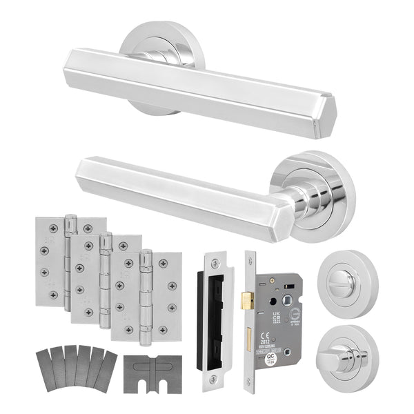 Moreno Polished Chrome Lever on Rose Door Handle Kit - Medium Duty FD30/60 - 80mm Bathroom Lock - tradefit - Featured Image