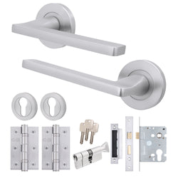 Euroda Satin Chrome Lever on Rose Door Handle Pack - Euro Lock & Thumbturn Cylinder - tradefit