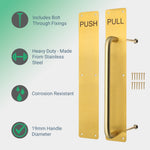 Architectural Pull Handle On Plate & Push Plate Kit - 475 x 75mm - PVD Satin Brass - tradefit - 2