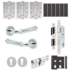 Claro Polished Chrome Lever on Rose Door Handle Kit - Heavy Duty FD30/60 - DIN Euro Sashlock and Thumbturn Cylinder - Keyed Alike - tradefit