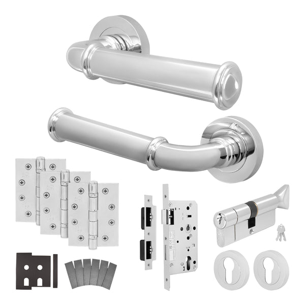 Claro Polished Chrome Lever on Rose Door Handle Kit - Heavy Duty FD30/60 - DIN Euro Sashlock and Thumbturn Cylinder - Master Keyed - tradefit - Featured Image