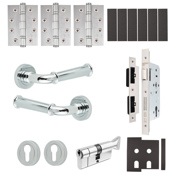 Claro Polished Chrome Lever on Rose Door Handle Kit - Heavy Duty FD30/60 - DIN Euro Sashlock and Thumbturn Cylinder - Keyed Alike - tradefit - Featured Image