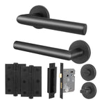 Mitre Lever on Rose Matt Black Door Handle Kit - Medium Duty - 64mm Bathroom Lock - tradefit - 1