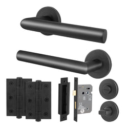 Mitre Lever on Rose Matt Black Door Handle Kit - Medium Duty - 80mm Bathroom Lock - tradefit