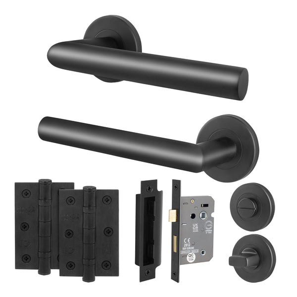 Mitre Lever on Rose Matt Black Door Handle Kit - Medium Duty - 80mm Bathroom Lock - tradefit - Featured Image