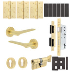 Tapera Satin Brass Lever on Rose Door Handle Kit - Heavy Duty FD30/60 - DIN Euro Sashlock and Thumbturn Cylinder - Keyed Alike - tradefit - 1