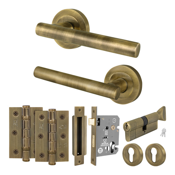 Olbia Antique Brass Lever on Rose Door Handle Kit - 80mm Euro Sashlock and Double Cylinder - Keyed Alike - Featured Image