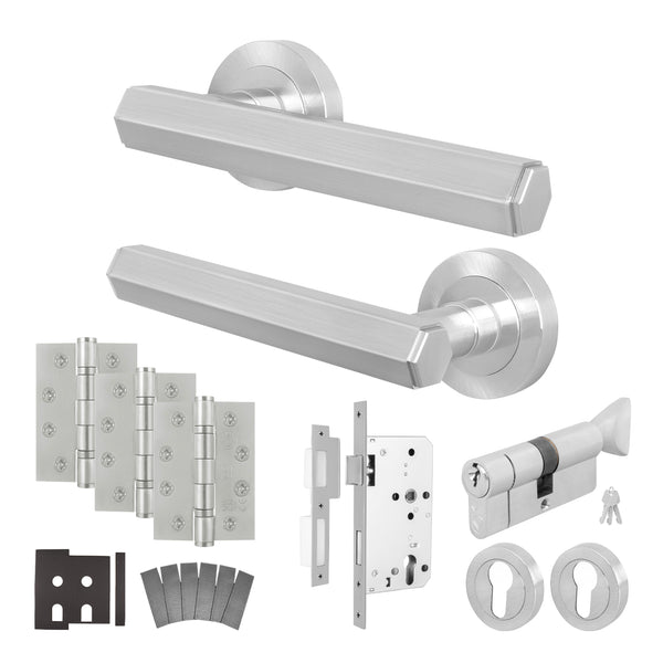 Moreno Satin Nickel Lever on Rose Door Handle Kit - Heavy Duty FD30/60 - DIN Euro Sashlock and Thumbturn Cylinder - Master Keyed - tradefit - Featured Image