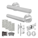 Moreno Satin Nickel Lever on Rose Door Handle Kit - Heavy Duty FD30/60 - DIN Euro Sashlock and Thumbturn Cylinder - Keyed Alike - tradefit - 1